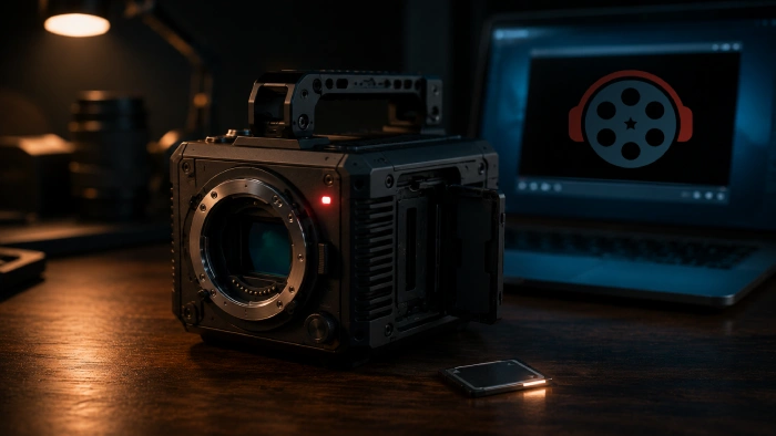 Compact cinema camera and memory card, illustrating Sony's new X-OCN C1 and C2 16-bit RAW recording modes