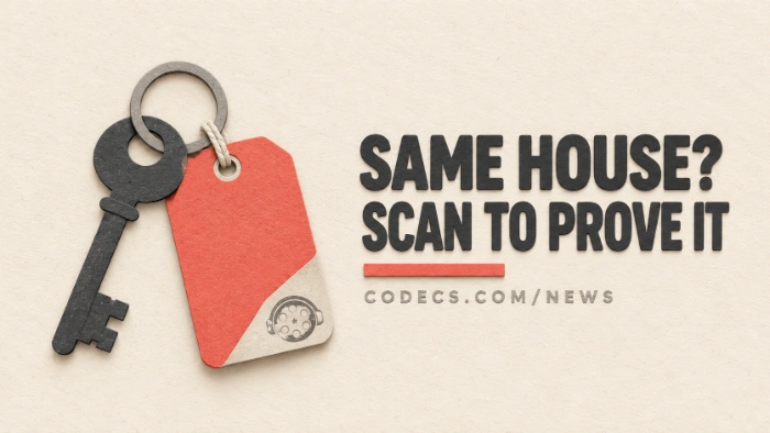 A paper cut-out door key with a blank coral luggage tag, beside the title Same house? Scan to prove it