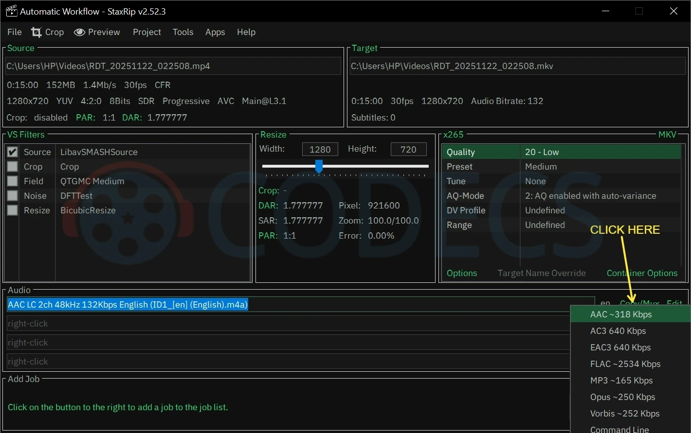StaxRip audio track configuration panel showing AAC encoding options