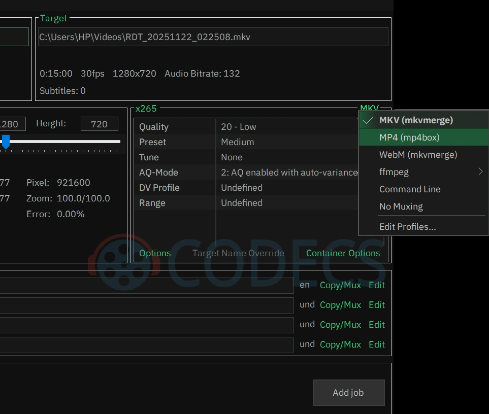 StaxRip container muxer profile dropdown showing MKV and MP4 options