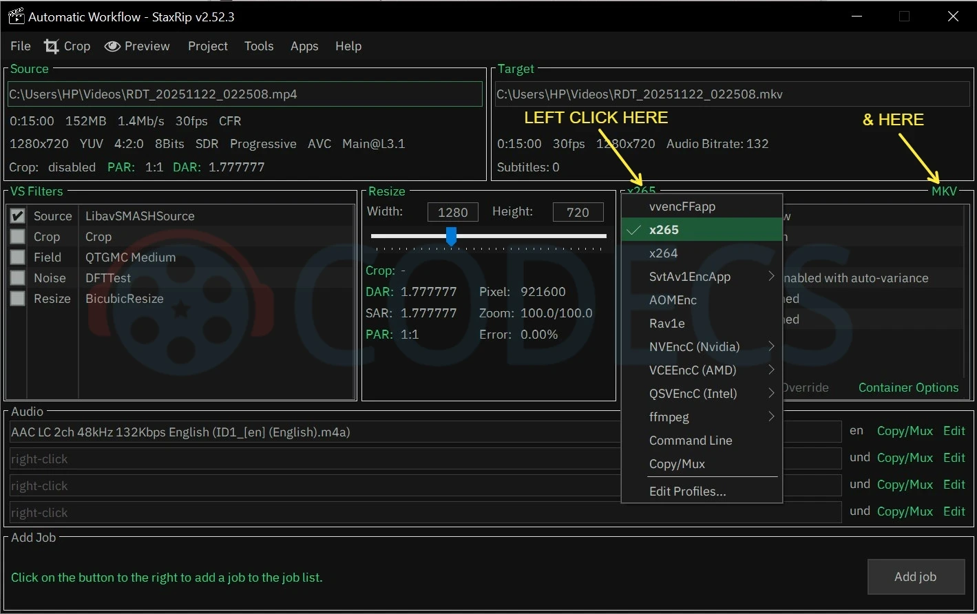 StaxRip encoder format selection dropdown showing x265 and other HEVC options