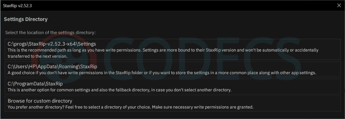 StaxRip first-run dialog asking where to store its settings directory