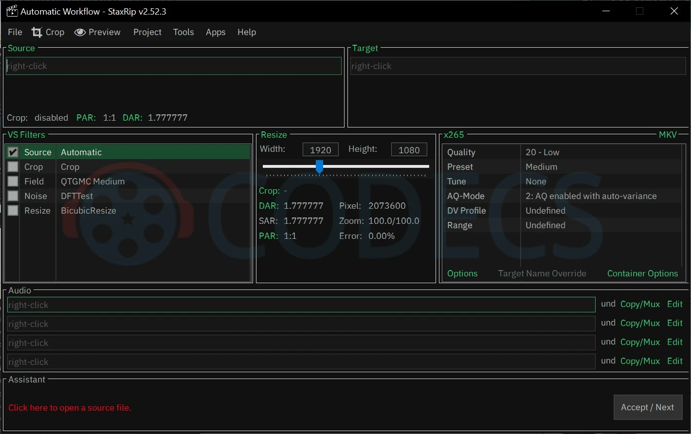 The StaxRip interface showing its encoder, filter and audio settings