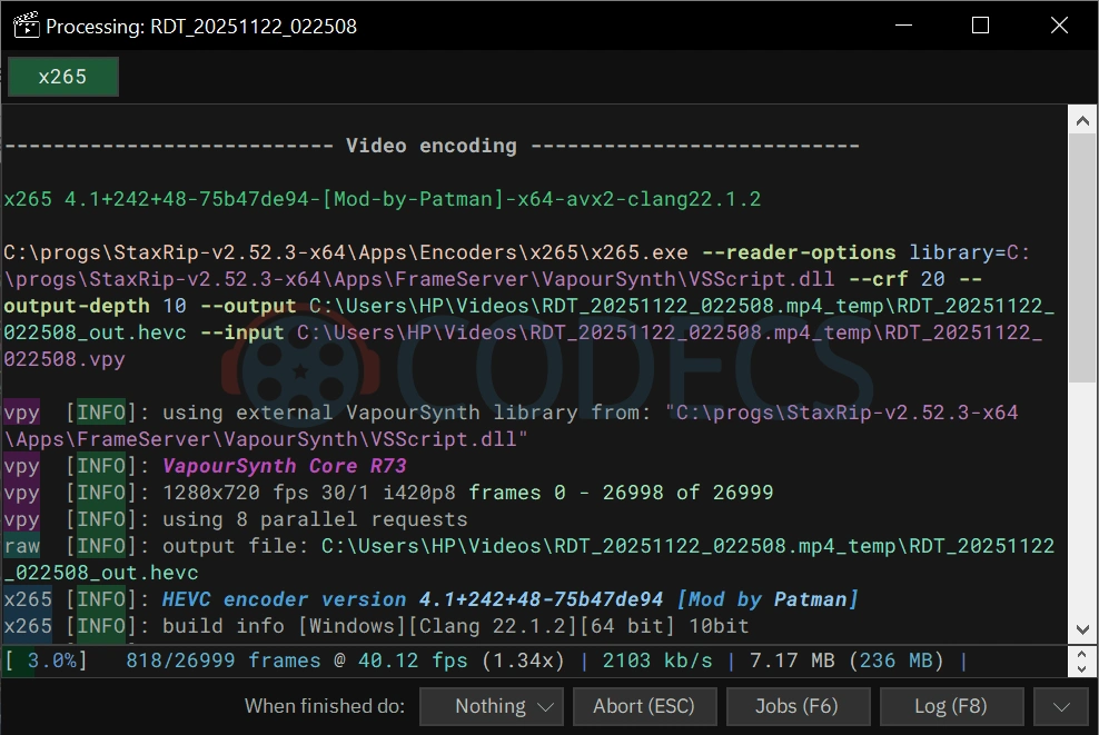 StaxRip processing window with x265 encoding progress and frame rate stats