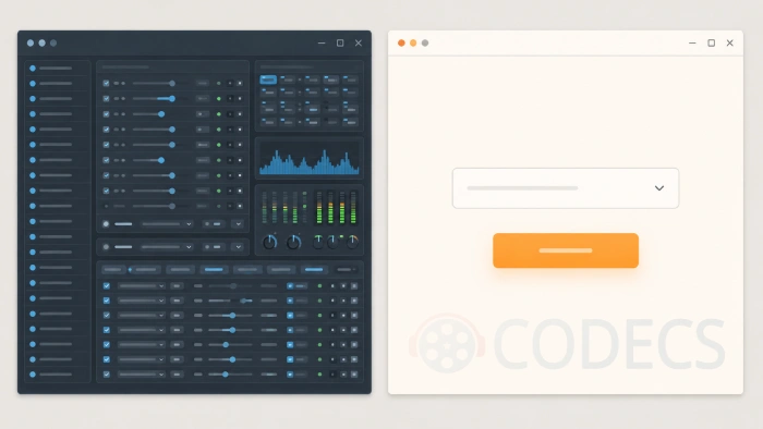 A dense technical encoder window beside a simple preset-driven encoder window