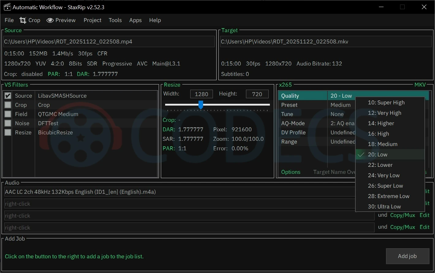 StaxRip v2.52 x265 quality panel with the Quality dropdown showing all CRF preset labels from Super High to Ultra Low