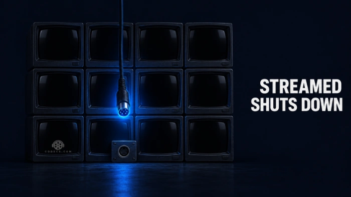 A dark wall of small old video monitors, every screen switched off, with one unplugged blue-lit video cable hanging in front of them, beside the title Streamed shuts down