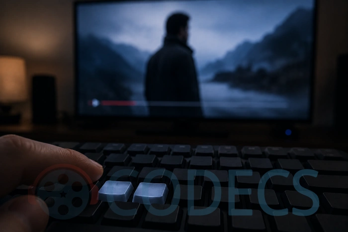 A finger resting on two keyboard keys with a paused video blurred in the background