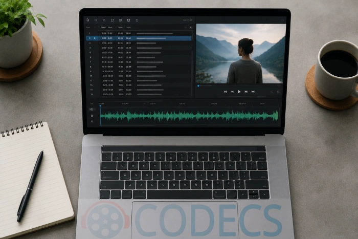 A laptop showing a subtitle editor with a timing list and an audio waveform