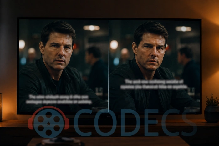 The same film frame twice, with plain unstyled subtitles on one side and properly styled subtitles on the other