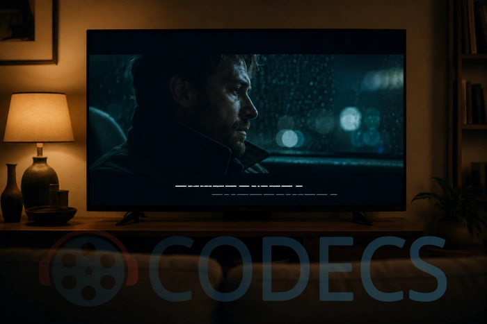 A television showing a film with a subtitle line doubled and offset, suggesting bad timing