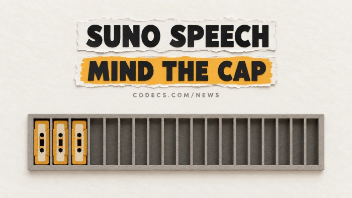 Cut-paper collage of a long cassette rack with only a few tapes left in it, under torn paper strips reading Suno Speech: mind the cap