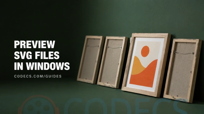 A row of picture frames leaning face-first against a wall with one turned outward showing bright artwork, beside the title Preview SVG Files in Windows