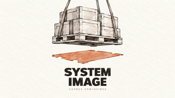 An ink and wash drawing of a loaded pallet being lowered onto a painted floor outline that matches its shape exactly, above the words SYSTEM IMAGE