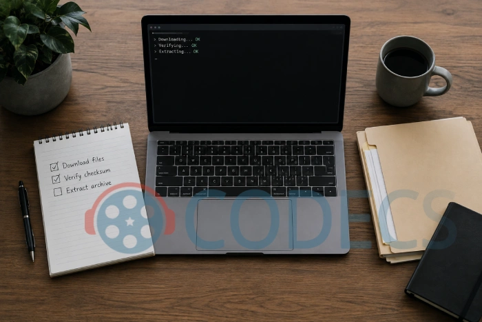 A laptop showing a terminal with three short commands next to a handwritten checklist