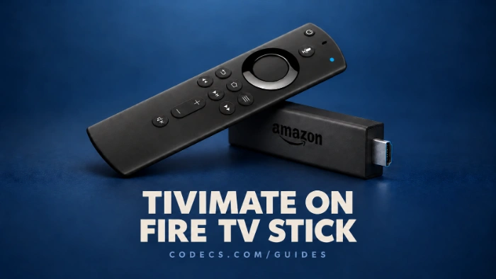 A Fire TV Stick and its remote on a deep blue backdrop with a small blank app card waiting by the HDMI plug, above the title TiviMate on Fire TV Stick