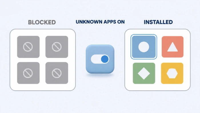 A fix strip showing a TV screen of blocked app tiles, a switch labelled Unknown Apps On, and the same screen with the apps installed