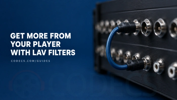 A broadcast AV patch bay with every socket empty except one, where a single cable links a video socket to an audio socket, with the title Get More From Your Player With LAV Filters
