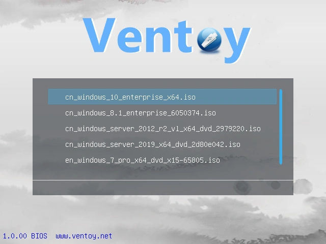 The Ventoy boot menu listing the ISO files copied onto the drive
