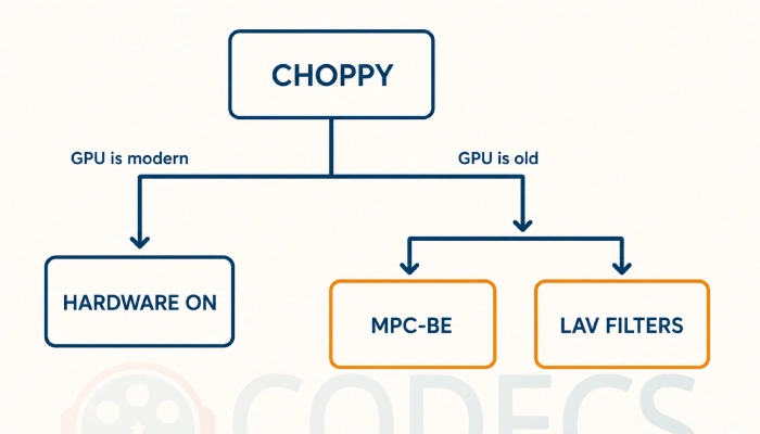 Decision diagram for choppy HEVC playback, branching on whether the GPU is modern toward enabling hardware decoding, or old toward MPC-BE with LAV Filters