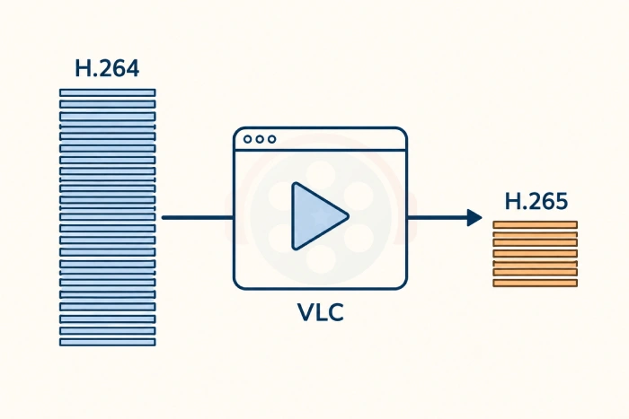 H.264 and H.265 file sizes compared either side of a VLC player window