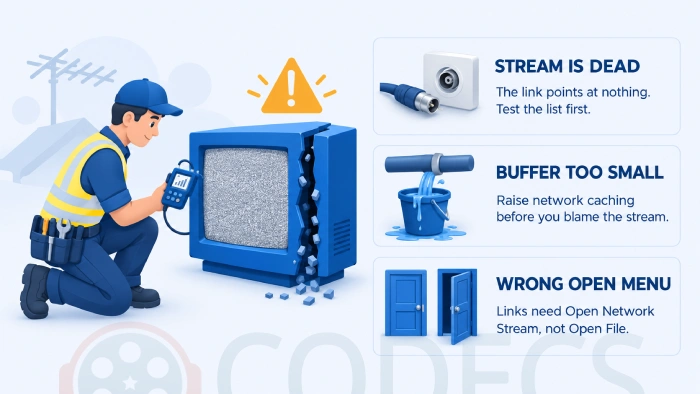 Diagnosis diagram: an aerial installer checks a static-filled TV beside three cards - stream is dead, buffer too small, wrong open menu