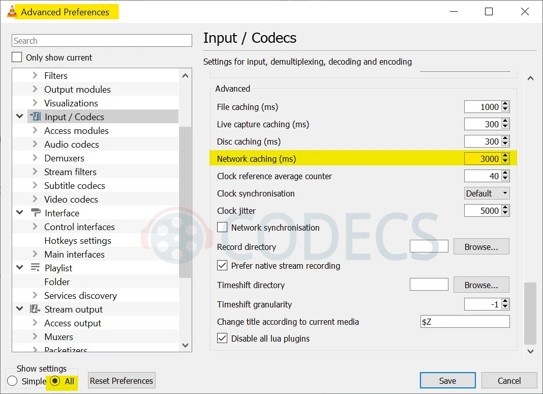 VLC Advanced Preferences with Show settings set to All, Input / Codecs selected and Network caching (ms) set to 3000