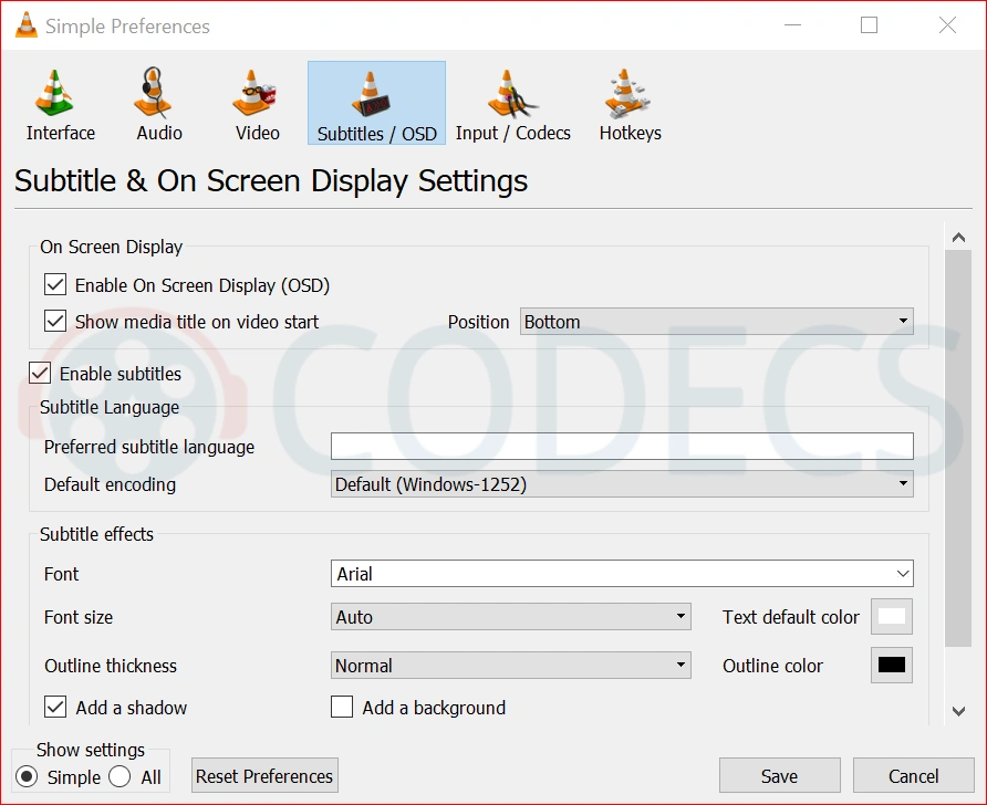 The VLC Media Player subtitle settings screen