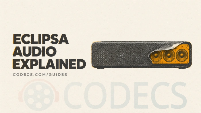 Screen-print poster of a soundbar with its grille cloth peeled back to reveal the speaker drivers, beside the title Eclipsa Audio Explained