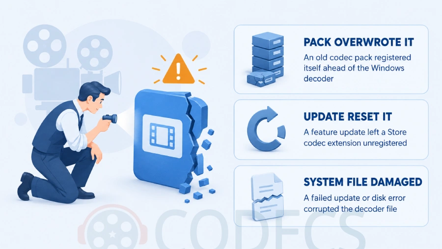 Diagnosis scene of a projectionist shining a torch on a cracked media file, beside three cards labelled Pack Overwrote It, Update Reset It and System File Damaged
