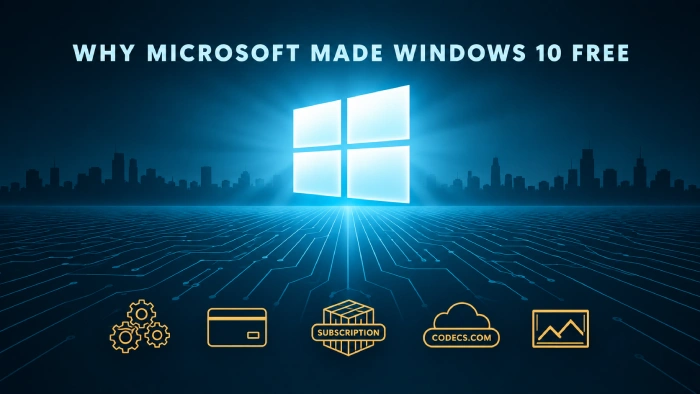 A glowing four-pane window emblem above a cyan circuit-board floor and a dark city skyline, with a row of gold outline icons beneath and the title WHY MICROSOFT MADE WINDOWS 10 FREE across the top
