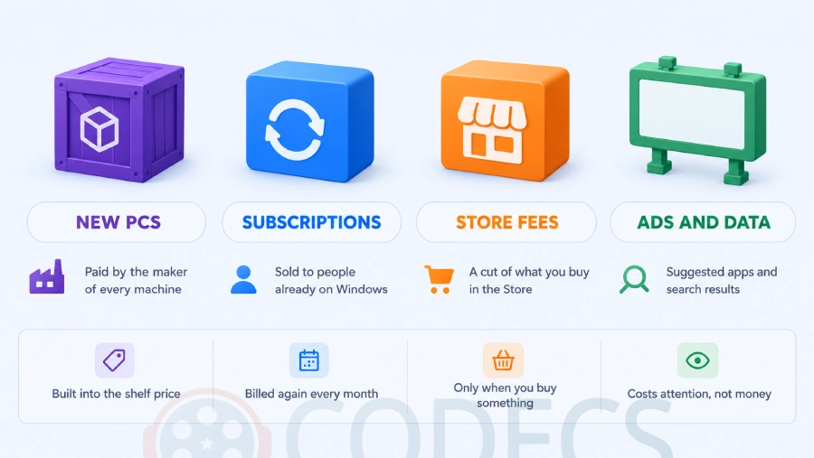 Four labelled columns showing Microsoft's Windows revenue routes - new PCs, subscriptions, store fees, and ads and data - each with a short note on how it reaches you