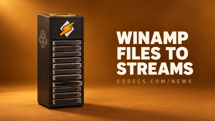 A tower of CD cases with a brass coin slot fitted on top, on a deep amber backdrop, beside the title Winamp, files to streams
