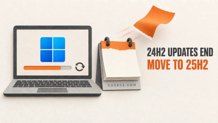 Cut-paper illustration of a laptop updating Windows 11 beside a desk calendar tearing off its last page, with the title 24H2 UPDATES END, MOVE TO 25H2
