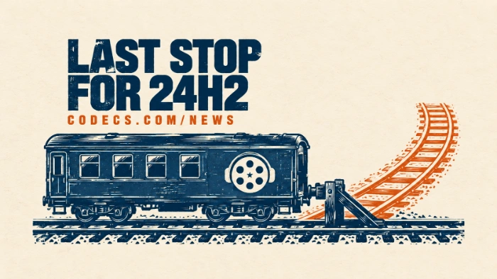 A linocut railway carriage parked at the end of the line while a new orange track curves away, under the title Last Stop for 24H2