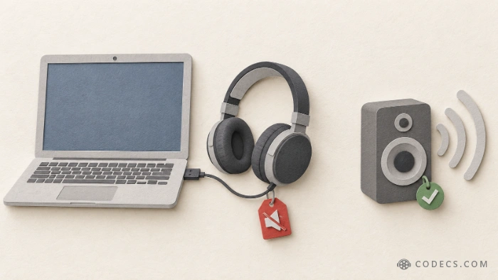 A paper-cut USB headset plugged into a laptop with a small red warning tag on its cable, next to a speaker with a green tick