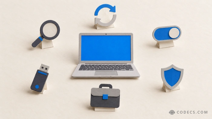A paper-cut laptop surrounded by six small tools - a magnifier, a refresh arrow, a toggle switch, a shield, a briefcase and a USB stick - one for each fix