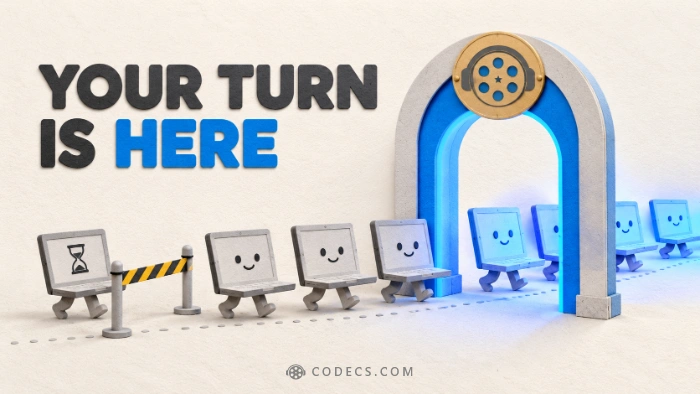 A paper-cut queue of laptops at a ticket gate, most walking through while one waits behind a small barrier, under the title Your Turn Is Here
