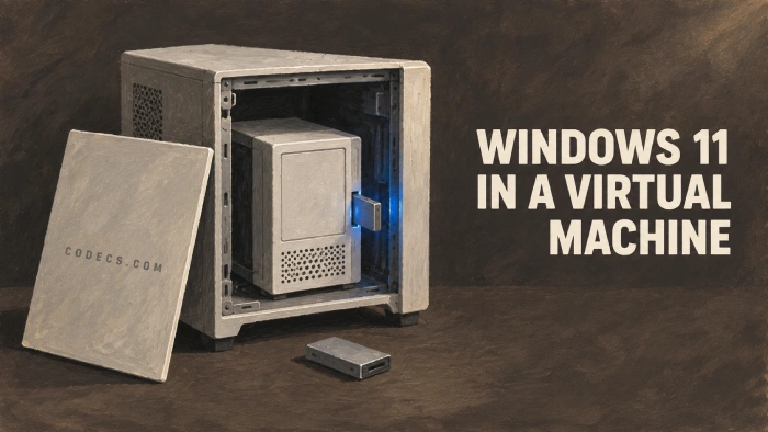 Gouache painting of an open computer chassis with a smaller machine seated inside it carrying the Windows 11 logo, a blue-lit module sliding into its bay, titled WINDOWS 11 IN A VIRTUAL MACHINE