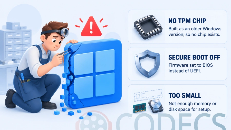 Diagnosis diagram showing a technician examining a cracked setup window, with three cause cards labelled NO TPM CHIP, SECURE BOOT OFF and TOO SMALL