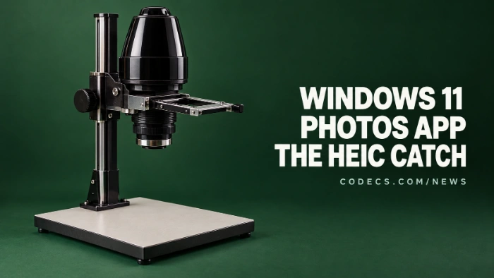 A polished darkroom photo enlarger on a green backdrop with its negative carrier pulled out and empty, beside the title Windows 11 Photos App, the HEIC catch