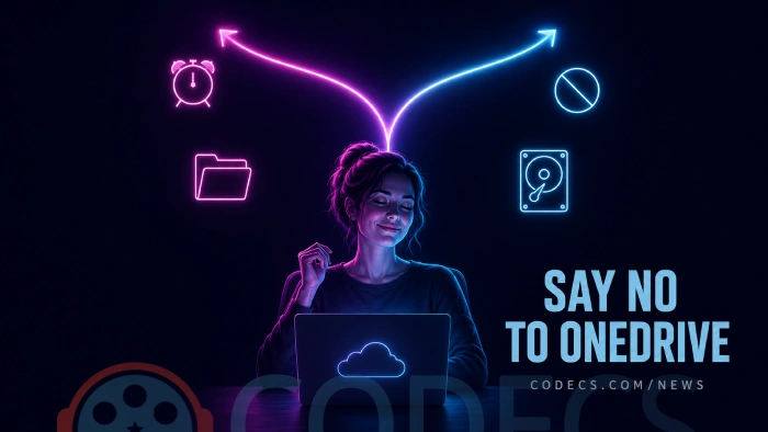 Woman at a laptop with a neon path splitting in two behind her, over the words Say No to OneDrive