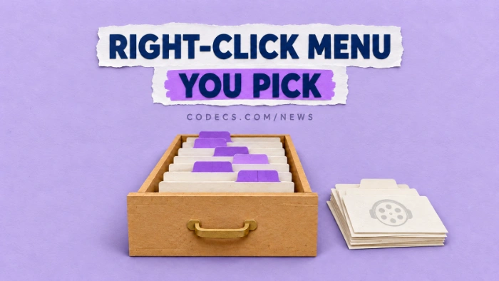 A paper-cut card index drawer with a few purple-tabbed cards kept and the rest set aside, under the title Right-click menu - you pick