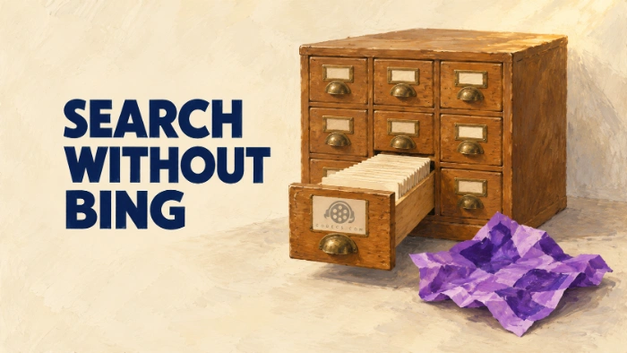 Gouache painting of an open library card drawer, its index cards neat and upright, with a crumpled violet advertising flyer pulled out and dropped beside it, next to the title Search without Bing