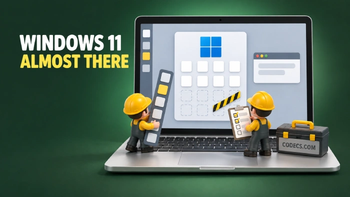 Glossy illustration of a Windows 11 laptop with the taskbar moved to the left and a half-built Start menu, with the title WINDOWS 11 ALMOST THERE