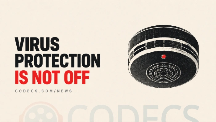 A screen-printed poster of a ceiling smoke alarm with its red light lit and no smoke anywhere, beside the title Virus Protection Is Not Off and the byline CODECS.COM/NEWS