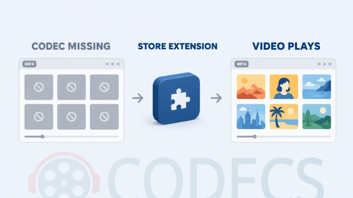 Before-and-after strip: a media player window labelled Codec Missing with six blank grey tiles, a blue puzzle-piece tile labelled Store Extension in the middle, and the same window labelled Video Plays with six tiles showing colour frames