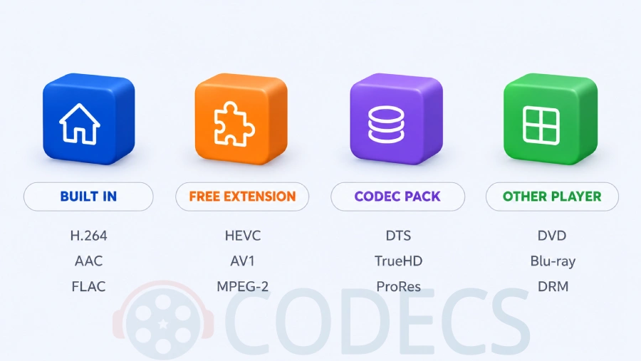 Four-column card grid showing where Windows Media Player gets each codec: Built In listing H.264, MP3, AAC and FLAC; Free Extension listing HEVC, AV1 and MPEG-2; Codec Pack listing DTS, TrueHD and ProRes; Other Player listing DVD, DRM and Blu-ray