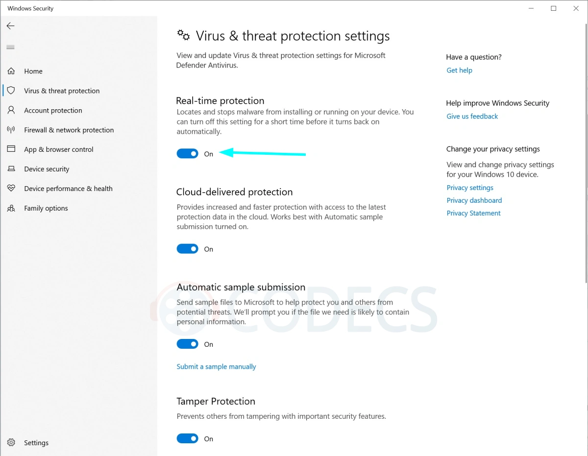 Windows Security Virus and threat protection settings page showing Real-time protection, Cloud-delivered protection, Automatic sample submission and Tamper Protection all switched On