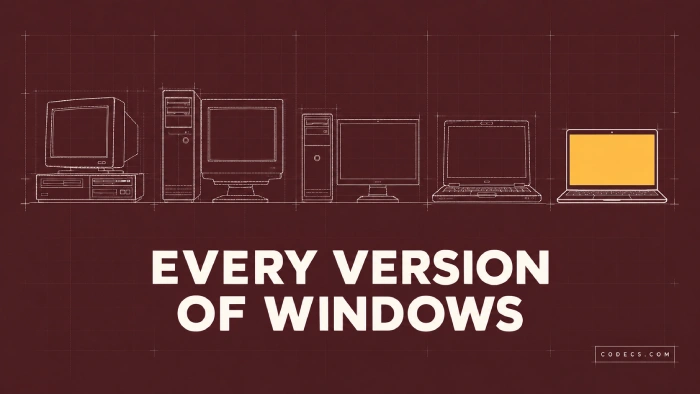 Technical drafting illustration of five computers in a row, from an early beige desktop to a modern laptop, the newest drawn in solid white line with a lit amber screen and the older four faded